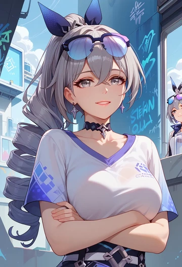 star rail,silver wolf,neon graffiti top,dolphin shorts  - AI generated anime art